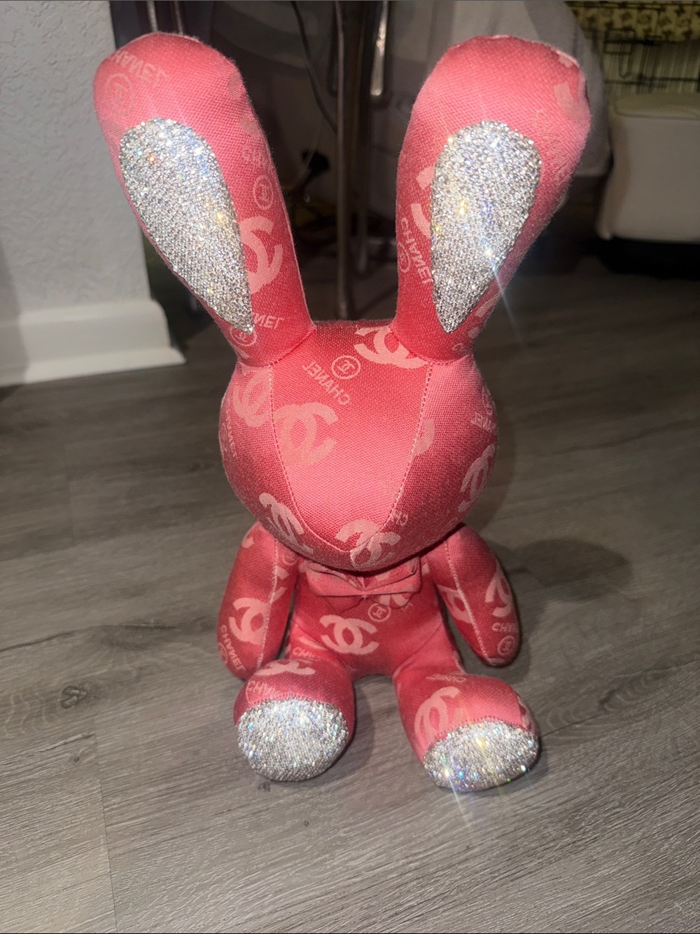Luxury Designer CC Coco CHANEL Pink Monogram Bunny Plush Rhinestones Decor